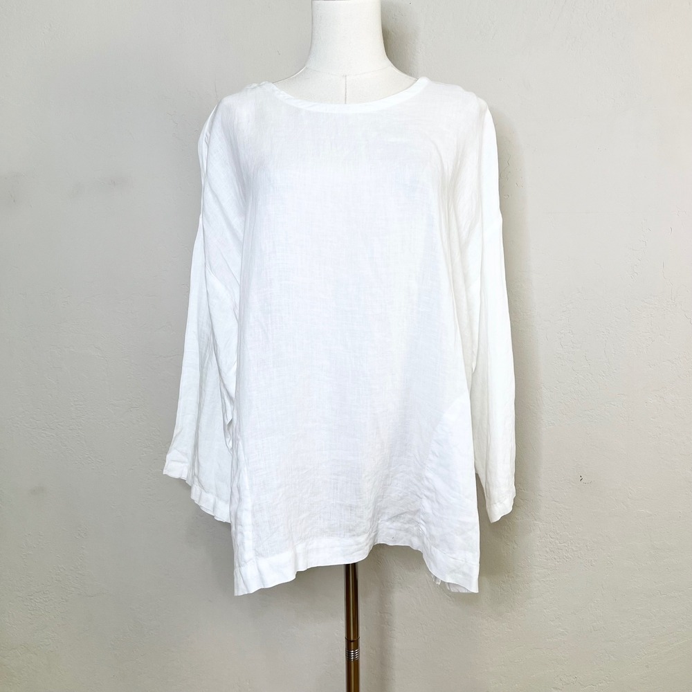 Eileen Fisher Tunic Top Organic Linen Size Large White Long Sleeve Pockets